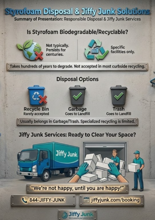 Infographic of Is Styrofoam Biodegradable or Recyclable? Find Out If You Can Put It in the Recycle Bin, Garbage, or Trash—And How Jiffy Junk Can Help