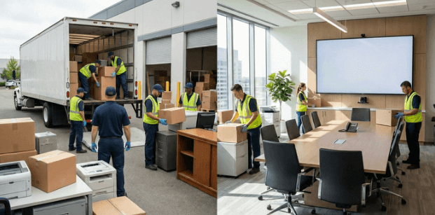 View of professional office clean out services crew efficiently clearing a workspace of furniture and boxes to illustrate the best value and cost factors when hiring JiffyJunk.com