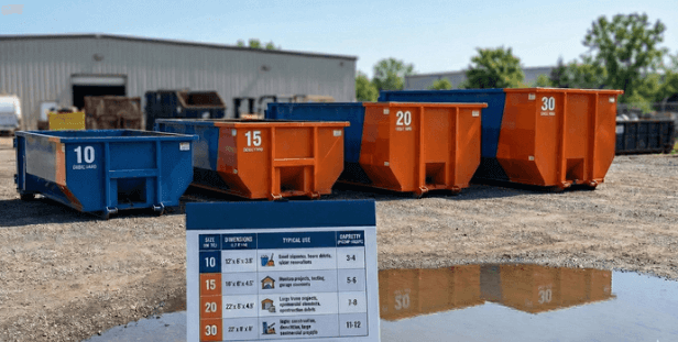 Image of a guide and chart displaying different residential and commercial garbage roll off dumpster sizes with 10, 15, 20, and 30-yard containers lined up to help you choose the right fit for your project.