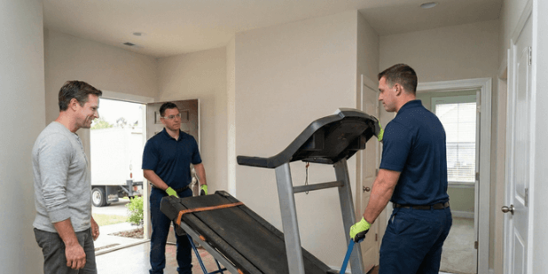 Image of Jiffy Junk professionals hauling away an old treadmill from a home, illustrating the convenience included in fitness equipment removal service pricing to pick up and remove items without heavy lifting.
