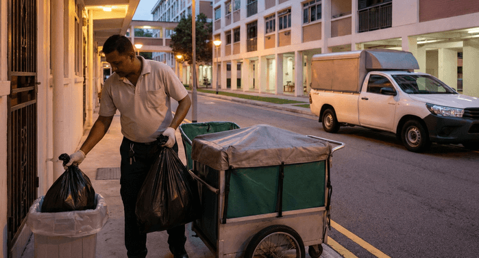 View of a valet trash attendant collects a garbage bag from a resident's doorstep bin at an apartment complex at dusk, illustrating the convenient door-to-door service when considering if the cost of professional pickup is worth the investment.