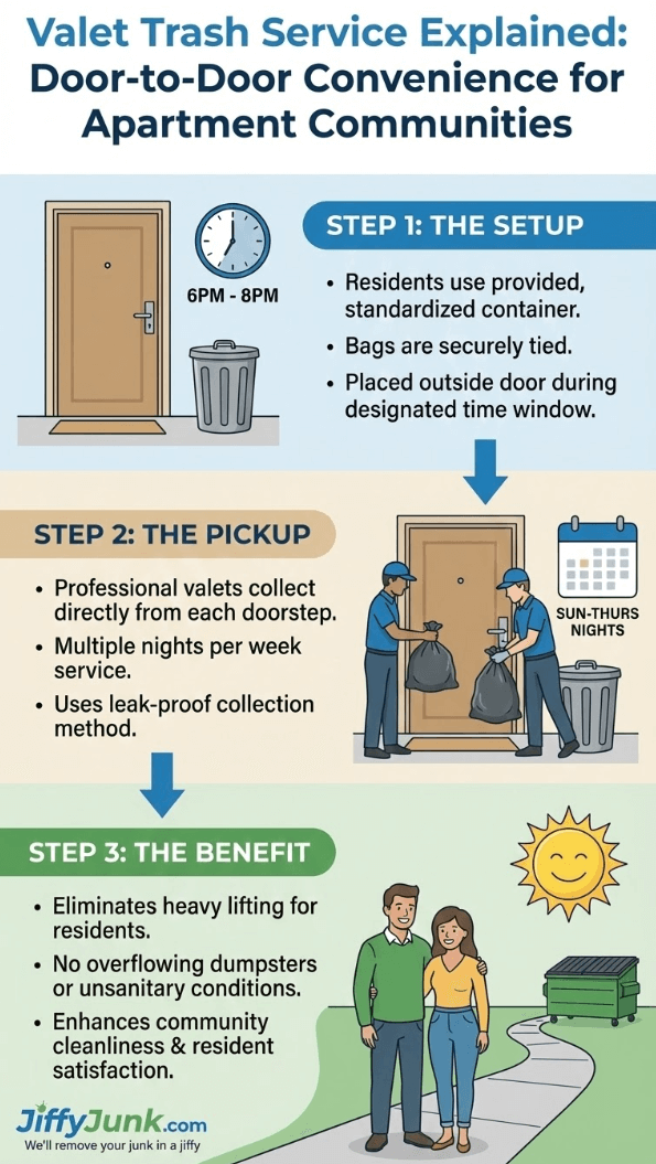 Infographic of Valet Trash Service Explained: How Much Does the Best Valet Trash Pickup Service Cost for Apartments and Homes and Is It Worth the Convenience? from JiffyJunk.com
