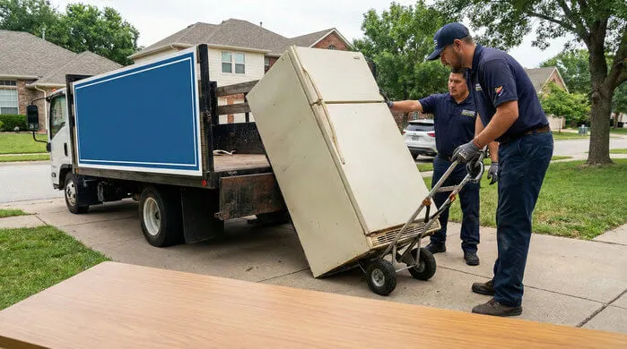 Appliance removal service near me hauling old refrigerator from driveway into truck with professional crew