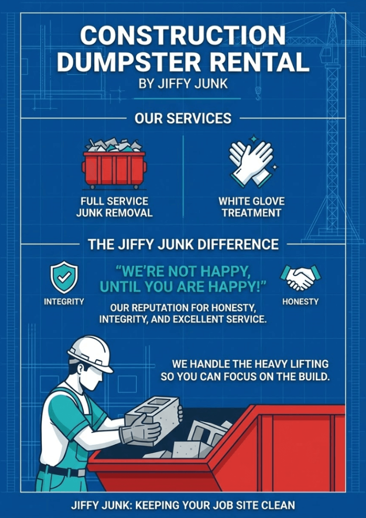 Infographic of Best Cheap Large and Small Roll Off Construction Waste Dumpster Rental Service Prices Near Me: Jiffy Junk Keeps Your Job Site Clean