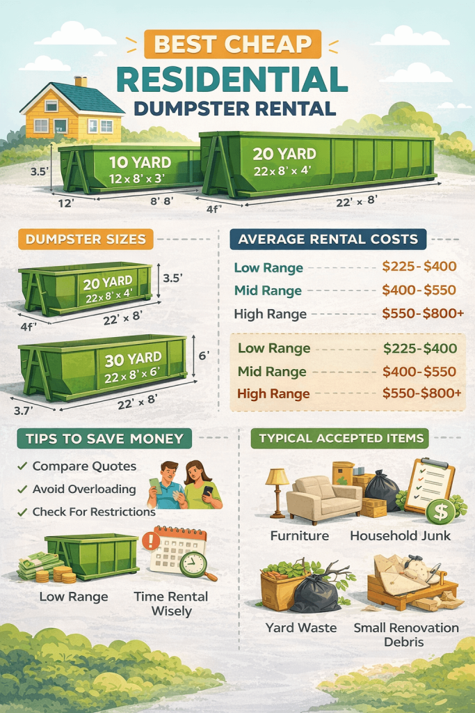 Infographic of Best Cheap Local Small and Large Residential Trash Dumpster Roll Off Rental Service Prices Near Me: Jiffy Junk Fits Every Home Project