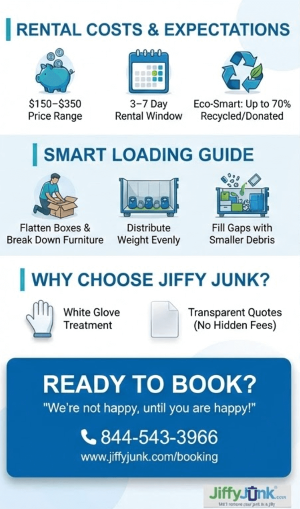 Infographic of How Big Is a 5 Cubic Yard Dumpster Compared to Other Sizes? Exact Dimensions, Rental Cost, and What This Size Can Handle for Your Project from JiffyJunk.com