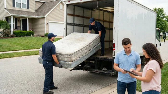 Mattress removal service near me picking up old mattress and box spring from driveway with professional hauling crew