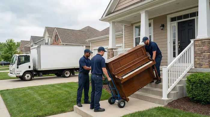 An image of Jiffy Junk's piano removal service, showing movers and a truck.