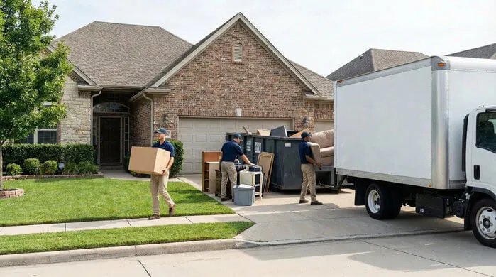 a view of a Jiffy Junk truck and crew performing a property cleanout at a house.