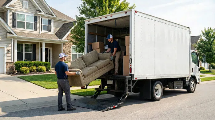 Same-day junk removal with professional crew loading couch into truck for fast emergency last-minute junk pickup