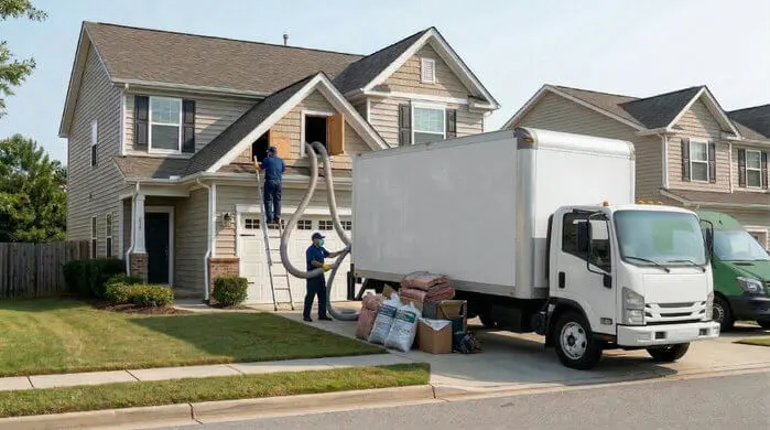 View of a green attic cleanout truck and workers performing a debris extraction process.