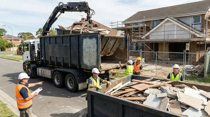 a view of a construction waste removal truck with a hydraulic grabber crane loading wood and drywall debris from a large dumpster at a residential renovation site