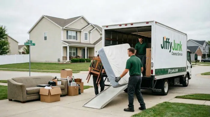 an image of professional movers loading a Jiffy Junk truck with a mattress and furniture in a clean, quiet neighborhood.