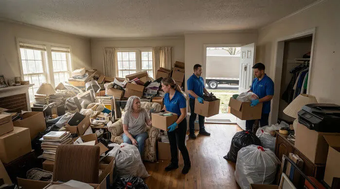 Image of a professional cleanout crew assisting an elderly woman in a heavily cluttered room during a move.