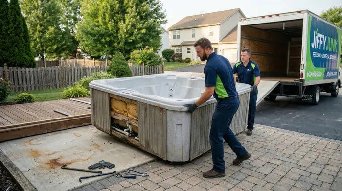 A view of professional junk removal specialists dismantling and hauling away a large hot tub.