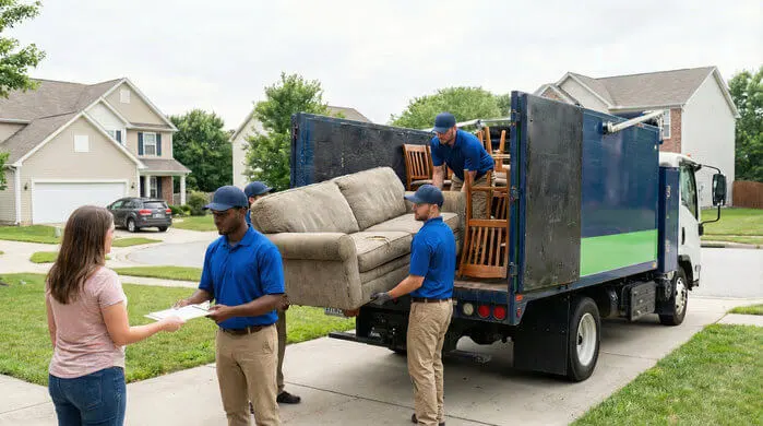 An image of professional junk removal crew hauling away an old couch to dispose of furniture, showing the best way to donate, throw away, or remove a sofa near me