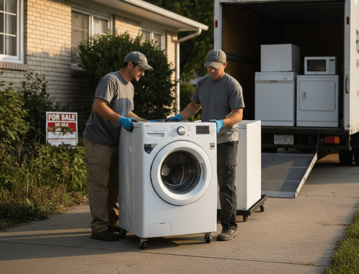Two professional movers in grey shirts and caps carefully maneuvering a modern white front-load washing machine on a dolly down a residential driveway.