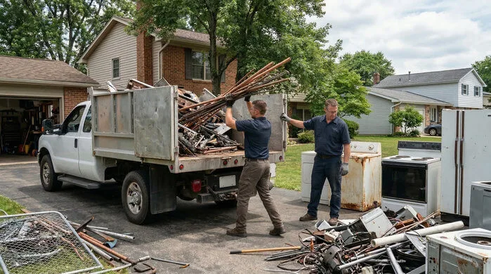 A view of two workers loading metal scraps into an unbranded dump truck in a neighborhood driveway.