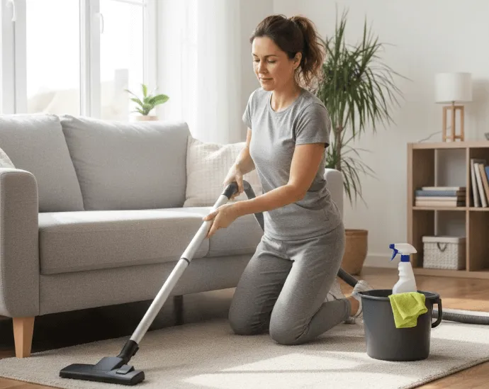 An image of a woman vacuuming her living room carpet during spring cleaning, illustrating a room by room deep cleaning and decluttering checklist guide