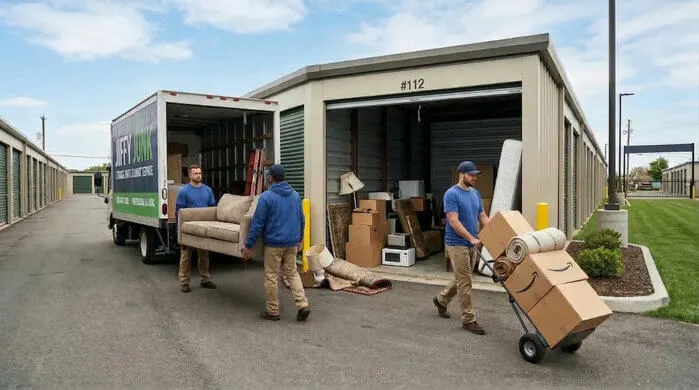 a view of a professional cleanout crew at work in a storage unit facility.