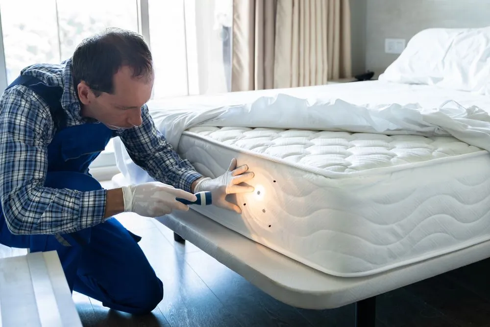 An image of a pest control professional inspecting a mattress with a flashlight for bed bugs, illustrating how to get rid of bed bugs in a mattress with proper detection and treatment methods