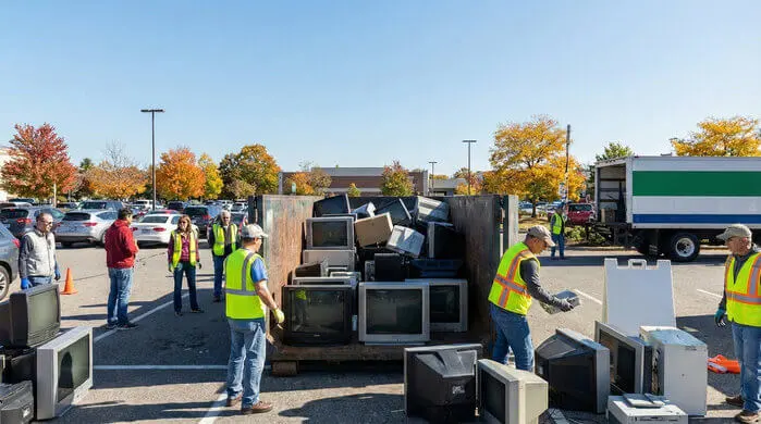 an image of TV and electronics disposal with workers collecting old CRT televisions and e-waste for recycling