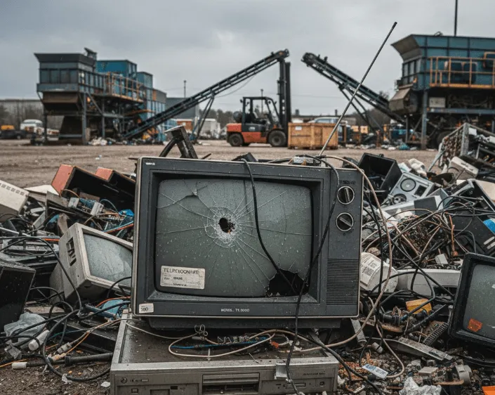 An old, boxy television with a shattered screen sits atop a pile of electronic waste in a gray, industrial scrapyard.