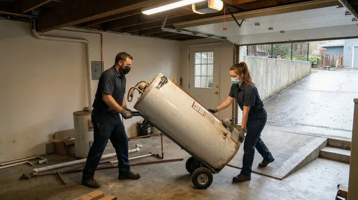 An image of two service professionals using an appliance hand truck to carefully move a heavy, old water heater from a residential garage toward a paved driveway.