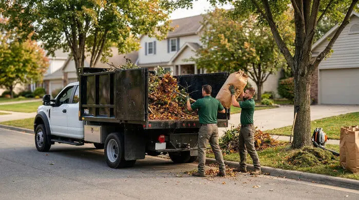 An image of a professional yard waste services team in action on a leaf-strewn suburban street.