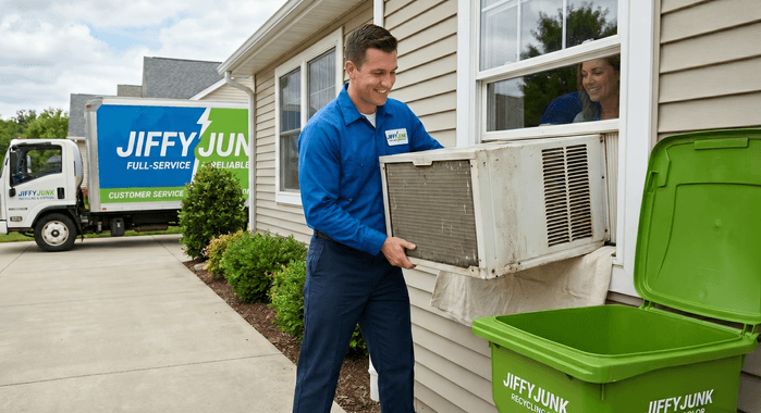 A Jiffy Junk technician in a branded Jiffy Blue uniform safely removes a large window air conditioner unit from a home, preparing it for eco-friendly disposal and proper refrigerant handling.