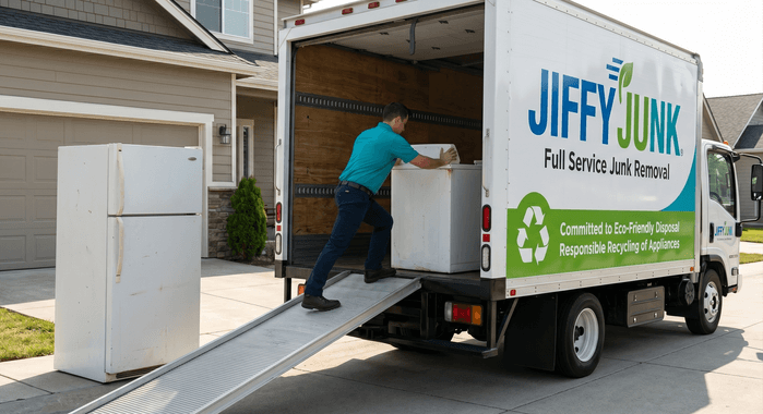 A Jiffy Junk professional loads an old washing machine and refrigerator onto an eco-friendly haul-away truck, ensuring responsible recycling of large household appliances.