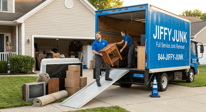 A Jiffy Junk truck and two uniformed team members arrive at a residential home to provide full-service junk removal, loading unwanted household items and furniture into the branded truck for haul-away.