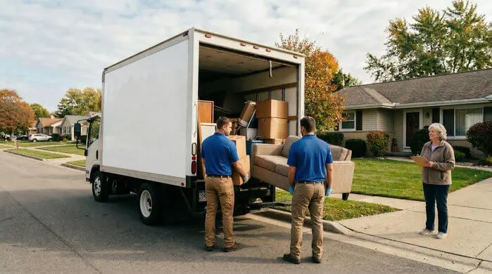 A view of a professional cleanout in progress with workers loading furniture like a sofa.