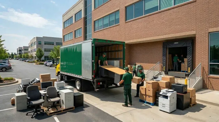 A view of a commercial junk removal operation outside an office building.