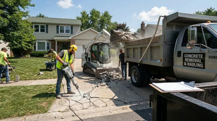 A view of a concrete removal and hauling operation on a residential driveway.