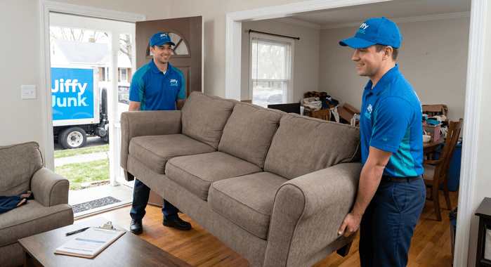 Two professional Jiffy Junk team members in Jiffy Blue and Jiffy Teal branded uniforms carry a large sectional sofa out of a residential living room during a scheduled couch removal service appointment.