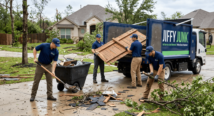 A Jiffy Junk crew cleanup storm debris including broken branches, downed fencing, and scattered materials from a residential property after a severe weather event.