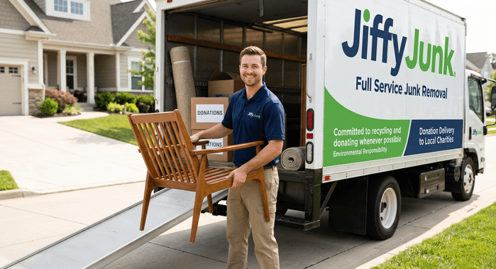 A smiling Jiffy Junk team member carefully loads gently used furniture and household items from a home onto a truck for donation delivery to a local charitable organization.