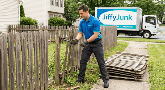 A Jiffy Junk team member in a branded uniform tears down and removes old wood fence panels along a residential property line, clearing the space for a clean, clutter-free yard.
