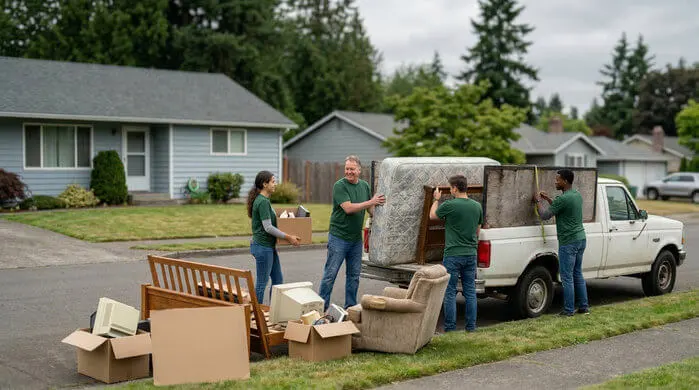 An image of a group of four volunteers loading discarded household items into a white pickup truck on a suburban street.