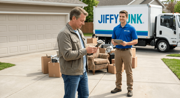A homeowner uses a smartphone to submit a free online junk removal quote request to Jiffy Junk, while a Jiffy Junk team member in a branded uniform stands ready to provide same-day service.
