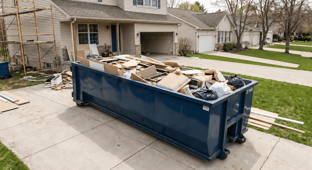 A large 25-yard roll-off dumpster parked in a residential driveway during a home renovation project, with debris loaded inside.