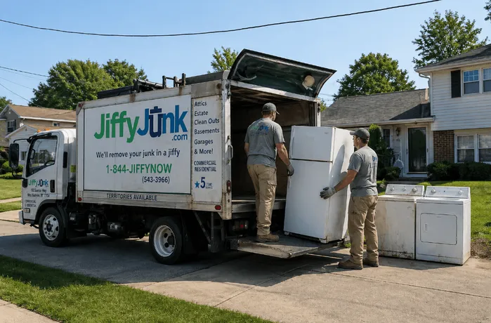 A Jiffy Junk crew loads a lineup of old appliances including a refrigerator, washing machine, and dryer onto a removal truck, illustrating full-service appliance haul-away service.
