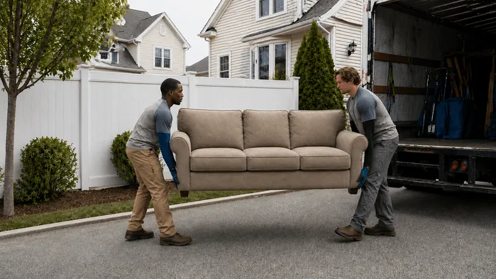 A Jiffy Junk crew carries a large sectional sofa toward a branded removal truck parked in a residential driveway, demonstrating professional couch removal service.