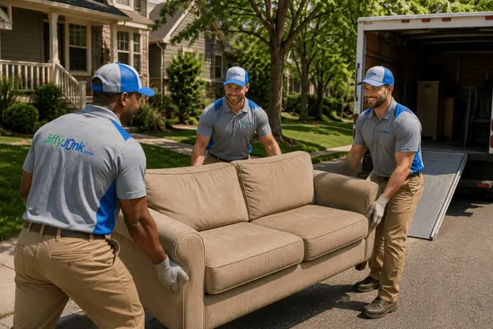 A view of a junk removal team carrying an old couch from a residential curbside pickup area into a junk removal truck, providing professional furniture removal and residential junk hauling services.