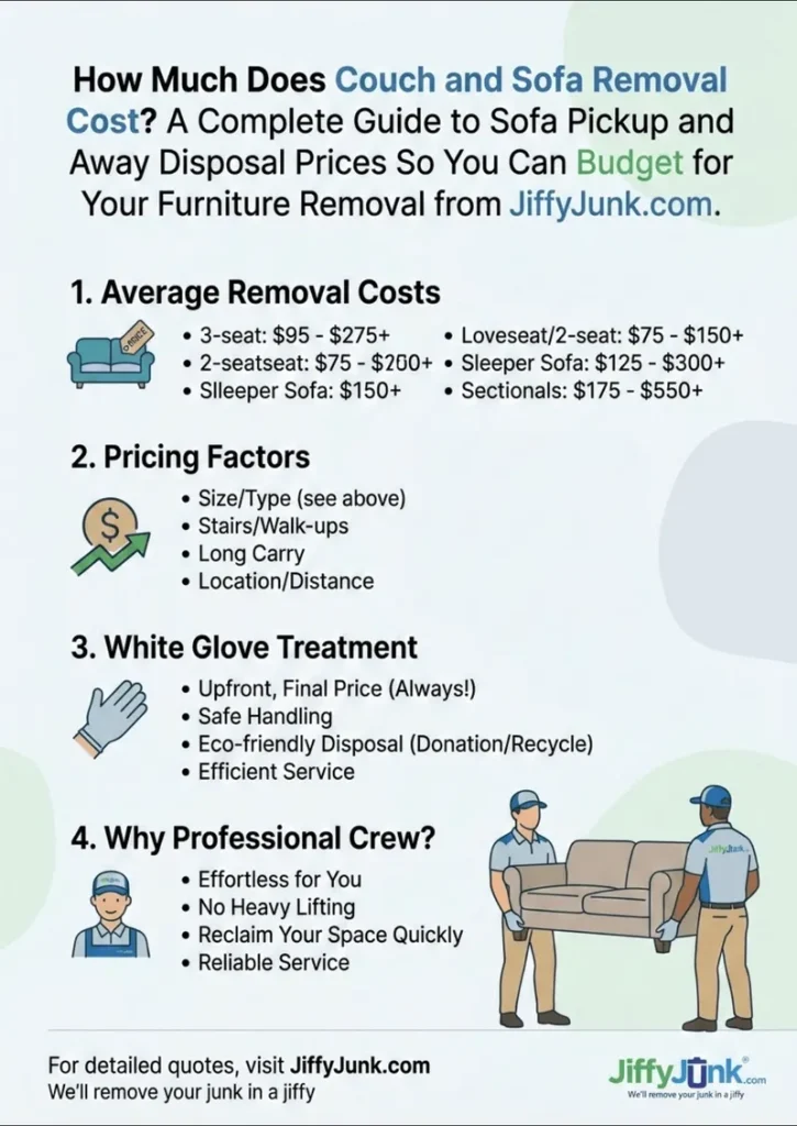 Infographic of How Much Does Couch and Sofa Removal Cost? A Complete Guide to Sofa Pickup and Haul Away Disposal Prices So You Can Budget for Your Furniture Removal from JiffyJunk.com