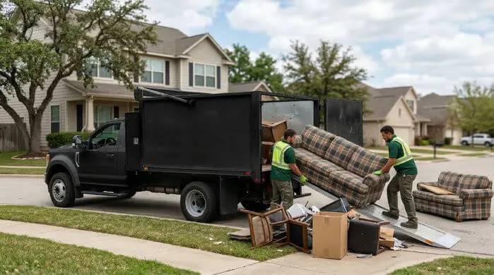A view of a suburban residential street on a partly cloudy day, where two professional junk removal service workers are actively clearing clutter.