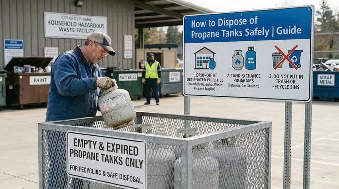 An image of a man carefully lowering an old propane tank into a dedicated mesh recycling bin at a household hazardous waste facility.