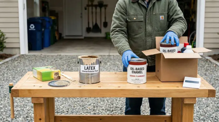 An image of a person packing old oil-based paint and stain containers, which are marked as flammable, into a cardboard box for proper disposal.