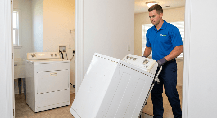 A Jiffy Junk team member top-loading an old washing machine out of a laundry room, with a matching dryer waiting for pickup beside it.